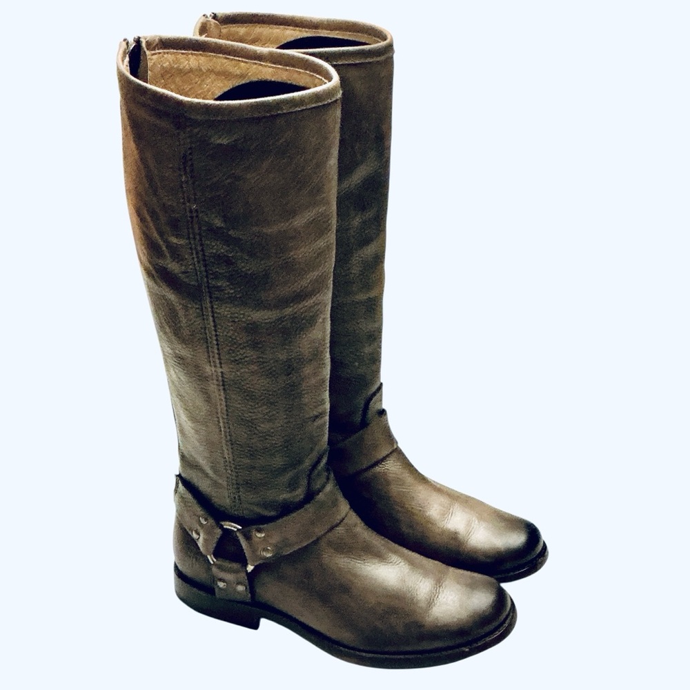 Frye Phillip Tall Equestrian Boots Harness Distress Grey Leather Back Zip Size-6